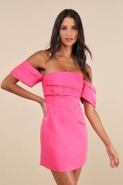 NWT Lulus Totally Haute Hot Pink Satin Pleated Off-the-Shoulder Mini Dress Sz M
